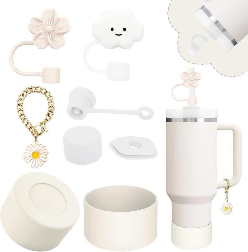 vikgle Stanley Cup Accessories Set,Including 2 Pcs 0.4in Straw Cover, 1 Silicone Spill-Proof Stopper Set of 3, 1 Cute Flower Handle Charm, 1 Silicone Boot Fits Stanley 40&30 Oz Tumbler (Cream) - Image 1
